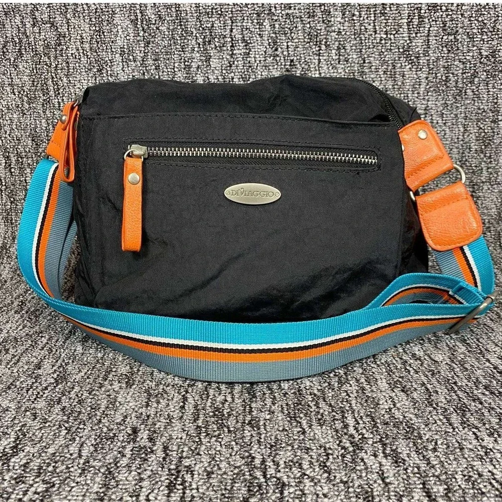 Di‎ Viaggio Crossbody Bag Black Nylon Colorful Striped Strap Multi Pocket Travel